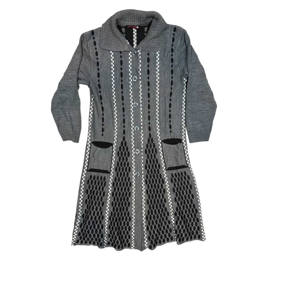 Mohsen Women's Gray Geometric Cardigan Sweater Dress Sz Medium FLAW